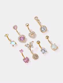 Kryxie Set 8 Buah Cincin Pusar Seksi Glamor Berbentuk Kupu-kupu & Hati dengan Batu Zirkonia Kubik, Perhiasan Tindik Intim untuk Pesta - 8 buah - View 1