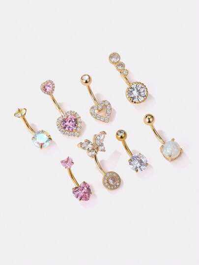Kryxie 8pcs Sexy Glamorous Butterfly & Heart Shaped Cubic Zirconia Navel Rings Set, Intimate Piercing Jewelry For Party
