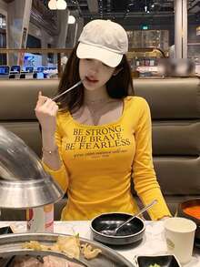 Kaos Lengan Panjang Leher U Gaya Amerika untuk Gadis Seksi dengan Lapisan Dalam dan Pinggang Pas, Warna Kuning - Kuning - View 5