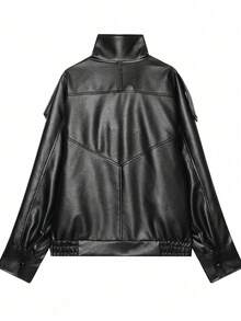 Liorin Autumn/Winter New Women's European And American Style Fashion Minimalist Versatile Lychee Grain Leather Stand Collar Jacket - Black - View 10