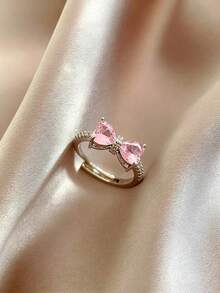1 buah Cincin Terbuka Berbentuk Hati Warna Pink dengan Hiasan Pita Kristal, Cincin Jari Bertabur Berlian Imitasi Warna Perak yang Dapat Disesuaikan dan Dapat Ditumpuk, Perhiasan Wanita - Perak - View 1