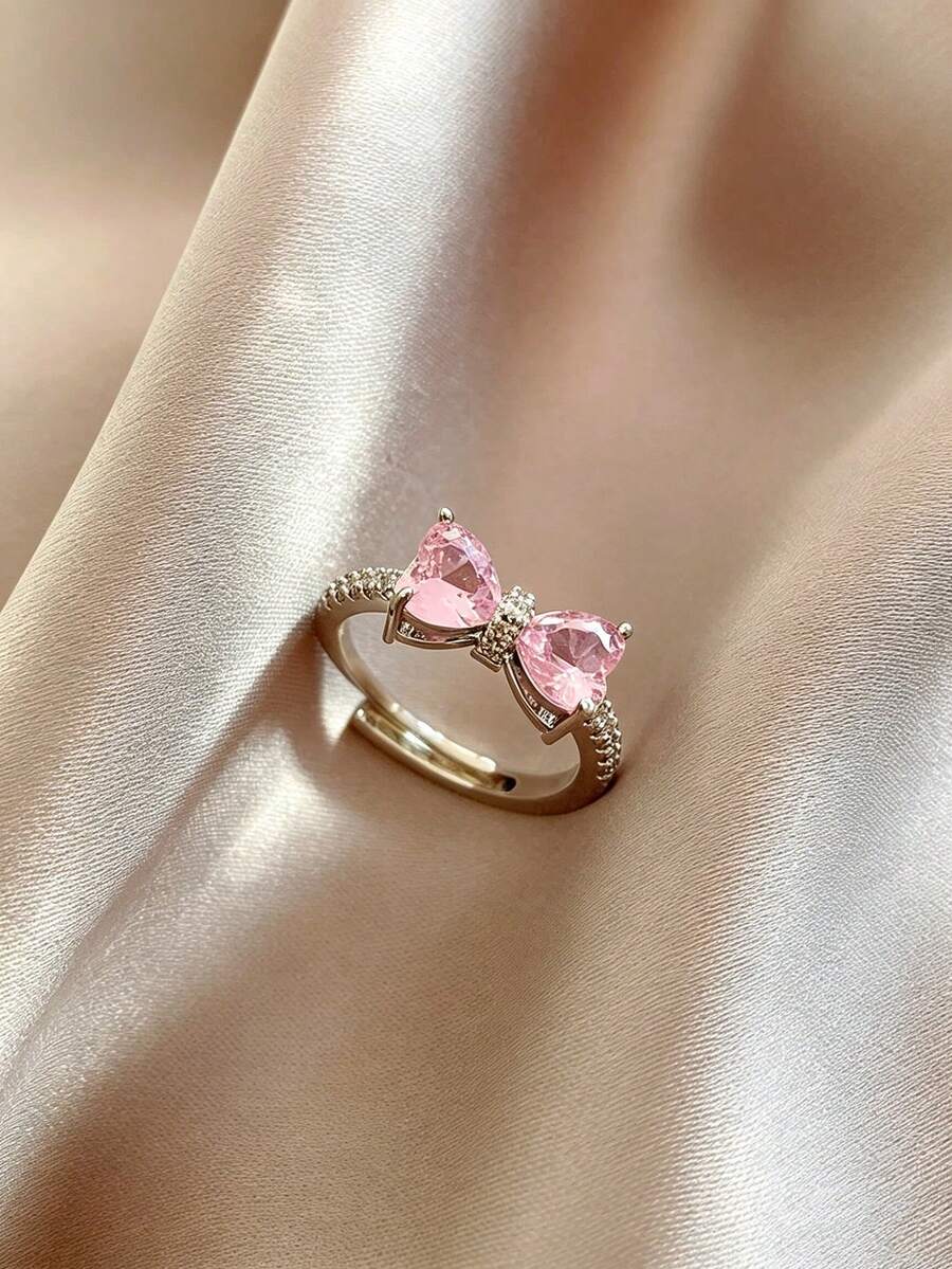 1 buah Cincin Terbuka Berbentuk Hati Warna Pink dengan Hiasan Pita Kristal, Cincin Jari Bertabur Berlian Imitasi Warna Perak yang Dapat Disesuaikan dan Dapat Ditumpuk, Perhiasan Wanita - Perak - View 1