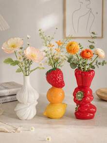 1pc Creative Vegetable & Fruit Shaped Ceramic Vase, Cute Garlic Strawberry Green Pepper Design, Fun Rustic Style Kitchen Living Room Shelf Decor, Dried Flower Reed Floral Arrangement Gift - A - View 5