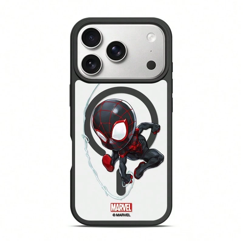 Miniso Marvel 格紋蜘蛛人情侶 MagSafe 磁吸無線充電保護殼,適用 iPhone 18 Pro Max/18 Pro/17/17 Pro Max/16 Pro/15/16 Plus/14/13/17 Air/17 Pro/15 Pro Max/12 Pro,Apple 防震手機殼,學生風,男款 - 黑色 - 查看 1