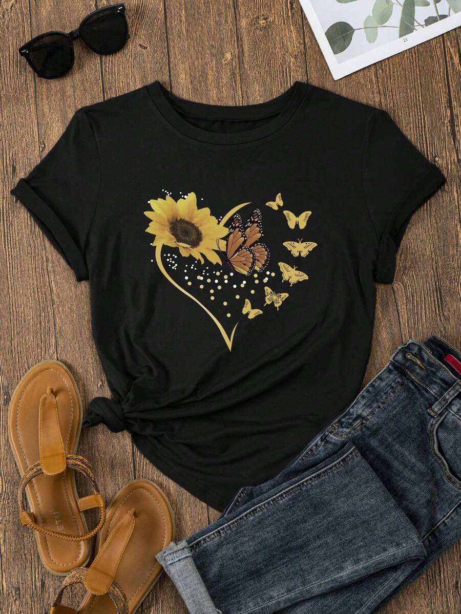 VintageSHEIN LUNE Sunflower & Butterfly Print Tee Graphic Tees Women Topssummer Tops - 黑色 - 查看 1