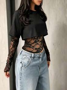 NOIRLYN Women's Autumn Y2K 2 In 1 Lace Patchwork Long Sleeve Top, Sexy Fitted Round Neck Layered T-Shirt, Street Style Black - Black - View 8
