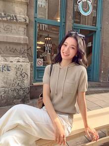 Light Apricot Hooded Drawstring Ribbed Knit Top, Young Women's Casual Short Sleeve Blouse, Raglan Sleeve Design Slimming Fit Summer - Khaki - View 2