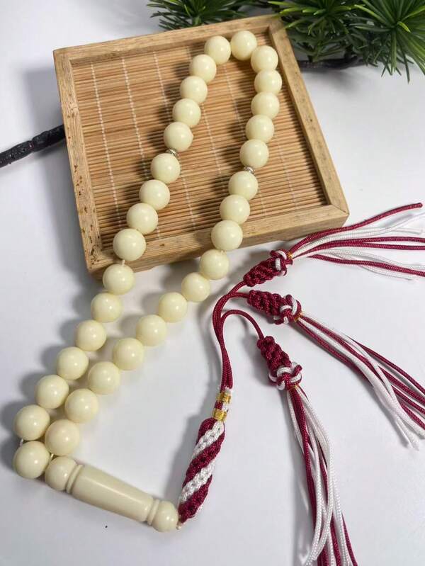 1pc 12mm Acrylic Muslim Prayer Beads, Red & White Contrast Woven Tassel Tasbih, 33 Beads Islamic Prayer & Recitation Beads