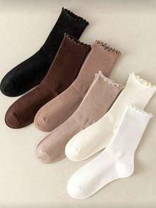 6 Pairs Women's Mid-Calf Socks, Spring/Autumn Ruffle Lace Socks, Japanese Style Velvet Socks, Autumn/Winter Women's Short Socks - Multicolor - View 3
