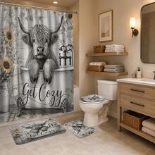 1pc/4pcs Vintage Bathtub Highland Cow Pattern Multi-Functional Bathroom Decor Shower Curtain Set, Free 12 Hooks, Premium Holiday Atmosphere, Bathroom Mat, U-Shaped Bath Mat And Round Toilet Lid Cover, Suitable For All Scenes Decoration, Bathroom Set - Bathtub Highland Cow - View 6
