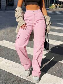 Pantalones cargo casuales de unicolor rosa para mujer, primavera - Rosa - Ver 1