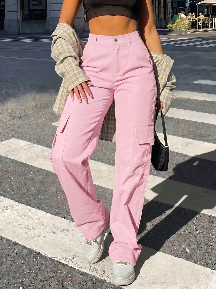 Pantalones cargo casuales de unicolor rosa para mujer, primavera - Rosa - Ver 1