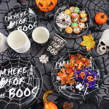 20/24/40pcs Minimalist Black & White Spider Web Ghost Skull 7/9 Inch Round Paper Plate & Cup Set, Halloween Disposable Tableware, Gothic Style Dessert Table, Haunted House Dinner, Picnic, Camping BBQ And Buffet Decoration - Multicolor - View 3