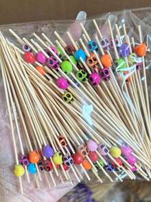 50/100pcs/Pack, Skull Fruit Picks, Rooster Tail Picks, Creative Hamburger And Pastry Picks, Bamboo Sticks. Suitable For Christmas And Day Of The Dead Theme Parties, Enhancing Party Atmosphere, Rooster Tail Picks - Multicolor - View 2
