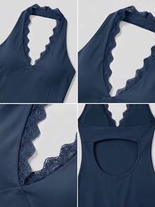 6pecil Women's Sexy Lace Trim Halter V-Neck Backless Deep V-Neck Fitted Jumpsuit, Suitable For Daily Casual, Yoga, Fitness Wear - Navy Blue - View 5