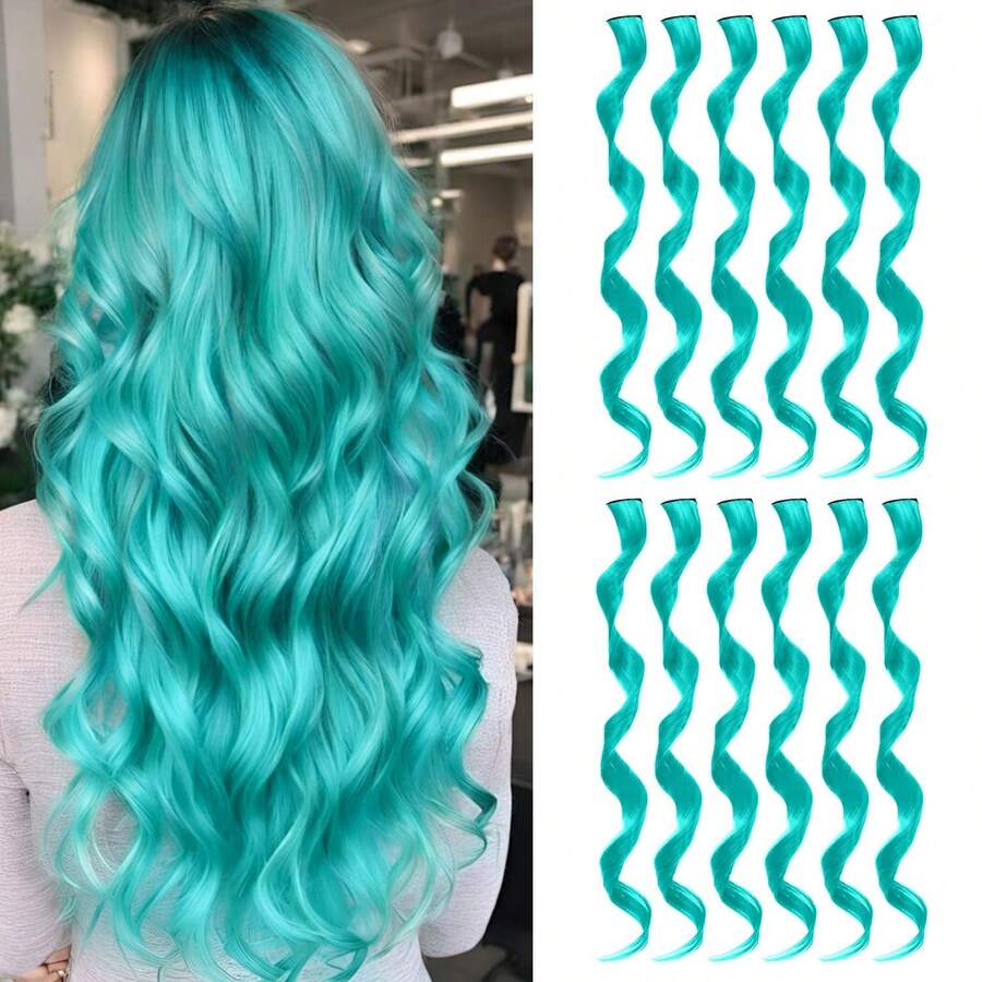 12/16 Pcs Ekstensi Rambut Berwarna Keriting Bergelombang Jepit Rambut Sintetis, Rambut Sorotan Warna untuk Pesta, Rambut Bergaris untuk Wanita, Anak Perempuan, Dewasa, Hadiah Cosplay - MultiWarna - View 1