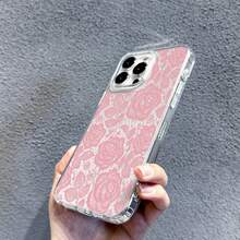 1pc Pink Lace Rose Flower Transparent Full Coverage Anti-Drop Phone Case, Soft Sexy Girl Ins Niche Fresh Protective Cover, Compatible With IPhone17/17Pro/17ProMax/16/11/16Plus/16ProMax/16e/15ProMax/13/14/12/14ProMax/12ProMax/13ProMax/12Pro/13Pro/14Pro - Color Silver Transparent - View 5