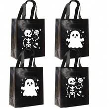 12pcs Halloween Black Gift Bags, Day Of The Dead Ghost & Skeleton Pattern Party Favor Packaging Bags, Holiday Decoration Tote Bags - 20x25x10cm - View 9