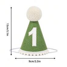 1件鼠尾草綠毛氈/中性米色亞麻1歲生日派對帽，錐形帽配白色數字1號毛球裝飾，波希米亞風奶油色布料/鼠尾草綠1歲生日派對帽，1歲生日蛋糕砸碎拍照道具頭飾 - 查看 8