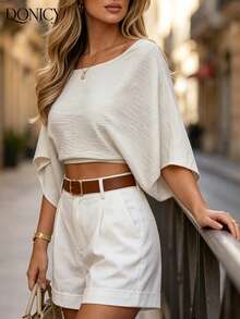 DONICY Women's White Textured Off-Shoulder Batwing Sleeve Cropped Top, Casual Vacation Wear - Apricot - View 6