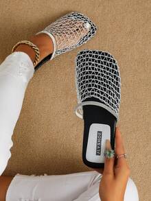 Spring Summer Fashion New Silver Hollow Out Women's Flat Sandals Mesh Breathable Casual Comfortable Soft Sole Slip-On Backless Square Toe Rhinestone Sandals - Silver - View 4