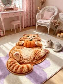 1 pièce Tapis en forme de citrouille d'Halloween avec chat orange qui l'embrasse, tapis décoratif, tapis de sol, tapis, tapis de salon, tapis de chambre, tapis universel - Multicolore - Voir 2