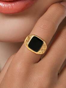 Tsnamer Classic Vintage Square Black Onyx 14K Gold Plated Ring For Men And Women, Hand-Engraved Scrollwork Pattern Ring, Vintage Light Luxury Jewelry - Yellow Gold - View 6