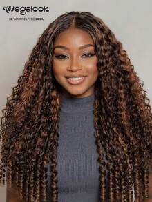 MEGALOOK 13x6 無膠蕾絲前假髮，捲曲 100% 真人髮，抽繩式，深棕色挑染，耳到耳蕾絲，預剪蕾絲，預拔髮際線，自然髮際線，初學者友好，適合女性 - S4/30 - 查看 2