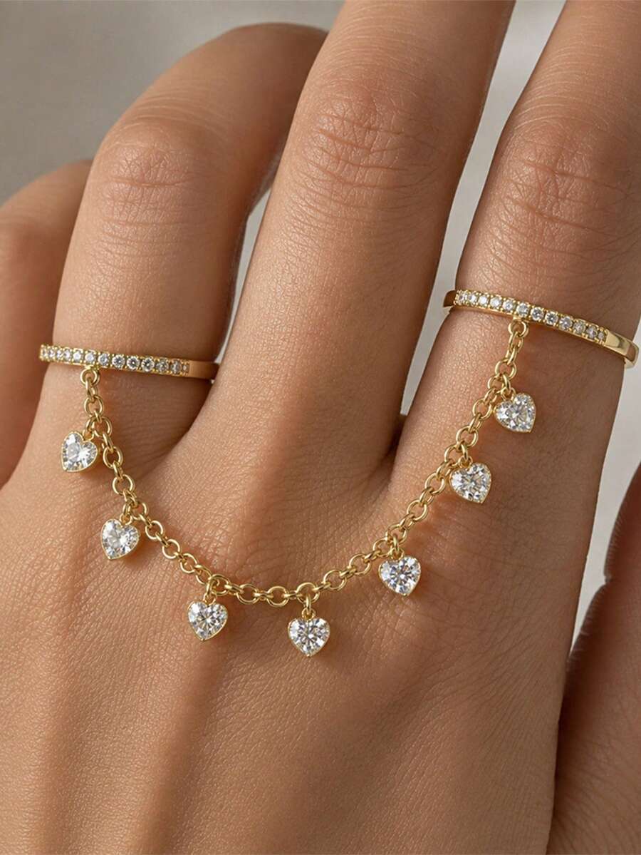 1pc Minimalist Heart Ring, Fashion Evening Party Versatile Tassel Ring, Women's - Gold - View 1