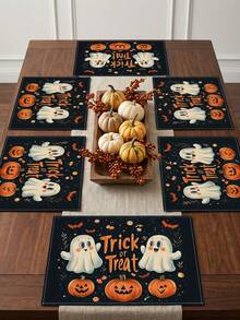 2 piezas Manteles individuales de Halloween con diseño de fantasma, manteles individuales de temporada festiva, adecuados para decoración de fiesta, cocina y comedor, manteles individuales de Halloween estilo granja para decoración de mesa de comedor interior, reuniones en el hogar, adecuados para mesa de comedor de cocina interior/exterior, manteles individuales lavables - Q - Ver 2