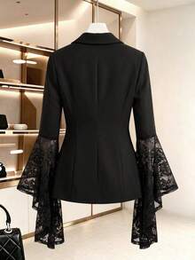 Women's Elegant Autumn/Winter Commute Daily Solid Color Lace Patchwork Asymmetric Ruffle Sleeve Slim Fit Single-Breasted One-Button Long Sleeve Blazer Jacket With Lining - Black - View 3