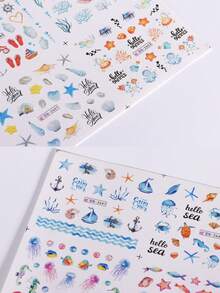 SWEET TREND 2 Large Summer Marine Animal Tropical Plant Design Water Transfer Nail Sticker, Beach Coconut Tree, Leaves And Turtles, Shells, Seahorse Design DIY Nail Art Sticker, Marine Life Sticker Watermark Slider Nail Art Decoration DIY Nail Supplies - Multicolor - View 8
