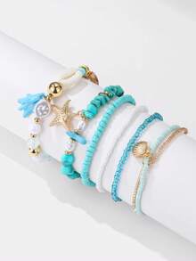 Kryxie 2 件套海洋元素手链，包含珊瑚、海星、贝壳等元素，夏季度假、旅行和度假的时尚珠宝 - 珊瑚/海星 - 查看 4