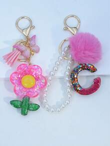 1pc Resin Starry Sky Epoxy Letter Keychain With Black Fur Ball Tassel Decor, Heart Pendant Gift For Friend And Mom - Hot Pink - View 5