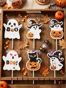48pcs Halloween Lollipop Cards, Cute Ghost Pumpkin Witch Lollipop Tags, BOO Slogan, Non-Scary Cartoon Design, Trick Or Treat, Halloween Party Favors, DIY Crafts, 2026 Halloween Decor, Ghost Party Decorations, Classroom Craft Activities - Halloween Ghosts - View 3