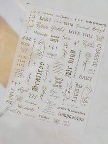 1 Sheet 3D Hot Stamping Vintage English Nail Art Stickers, Featuring Multi-Font Cursive Phrases, Roses, Butterflies And Minimalist Line Patterns, DIY Nail Decorations - 金色 - 查看 5