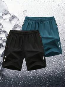 2 piezas Pantalones cortos deportivos de alto rendimiento casuales y sueltos de secado rápido para hombres, con diseño de tira reflectante, bolsillos, cremallera y cintura con cordón - Multicolor - Ver 2