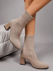 Women's Elastic Knit Sock Boots, Square Toe Chunky Heel Ankle Boots, Slimming Versatile High Heel Ankle Boots For Autumn/Winter, Commute And Daily Wear - Khaki - View 2