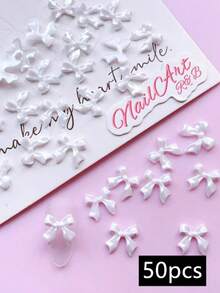 50pcs Pearlescent Shiny Bowknot 3D Resin Nail Charms, Mixed Pink & White Luster Bow Nail Art Decorations, Cute Kawaii Pearl Gloss Ribbon Bow Ornaments For DIY Manicure Acrylic Nails Salon Nail Design Accessories - Multicolor - View 7