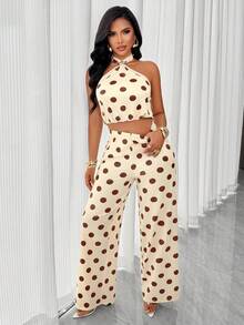 AIJ Casual Sexy Women's Polka Dot Halter Neck Gold Buckle Two Pieces Set, Backless Medium Stretch Outfit, Create A Look Vacation Elegant Summer - Yellow Base With Palm Flowers - View 8