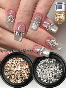 Flat-Bottomed Square Rhinestone Nail Art Accessories: Transparent Gold And Silver Square Flat Rhinestone Nail Decorations, Super Sparkly Nail Embellishments, Mini Rhinestones, Nail Art Designs Suitable For Women. Nail Charms - Multicolor - View 3