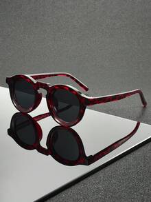 1 Pair Unisex Red Leopard Print Round Frame Fashion Glasses, Suitable For Beach Vacation, Daily Wear, Versatile Fashion Accessory - Tea Bean Flower Black Slice - View 2