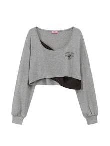 CHUU 女款拼色假兩件式 T-shirt 春秋字母印花拼接大圓領長袖短版上衣 - 淺灰色 - 查看 7