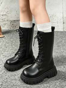 Girls' Black Lace-Up High-Top Boots, Side Zipper Thick Sole Anti-Slip Mid-Calf Boots For Autumn/Winter - Black - View 2