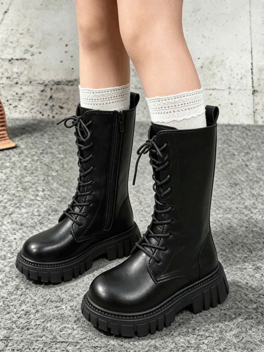 Girls' Black Lace-Up High-Top Boots, Side Zipper Thick Sole Anti-Slip Mid-Calf Boots For Autumn/Winter - Black - View 1