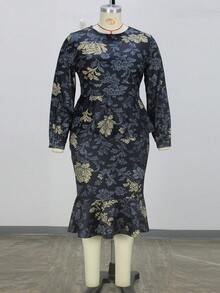 Setelan 2 Potong Ukuran Plus, Atasan Ruffle Motif Bunga + Rok Midi Ruffle Model Duyung, Menawan untuk Bentuk Tubuh Berlekuk, Dengan Saku yang Elegan - Royal Blue - View 9