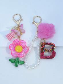 1pc Resin Starry Sky Epoxy Letter Keychain With Black Fur Ball Tassel Decor, Heart Pendant Gift For Friend And Mom - Hot Pink - View 27