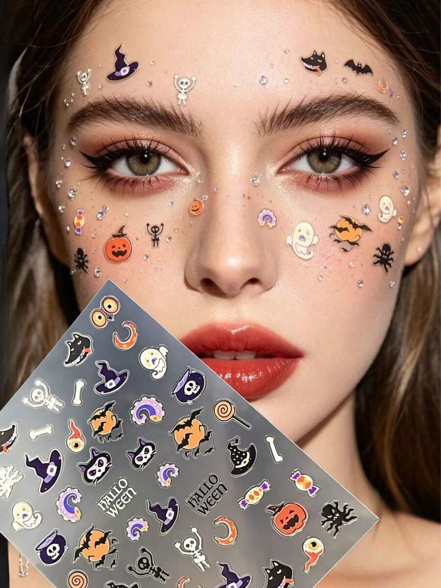 1 buah Stiker Dekorasi Wajah Kartun Halloween yang Menyenangkan dengan Perekat, Stiker Rias Mata dan Wajah untuk Suasana Pesta Karnaval Liburan yang Manis dan Lucu, Pola Kartun Kecil untuk Dahi, Sudut Mata, dan Pipi, Mudah Menciptakan Riasan Suasana Liburan yang Enerjik dan Ceria - MultiWarna - View 1