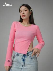 CHUU Little Fox 開衩 T-shirt 春季女款甜酷修身長袖打底短版上衣 - 粉色 - 查看 1