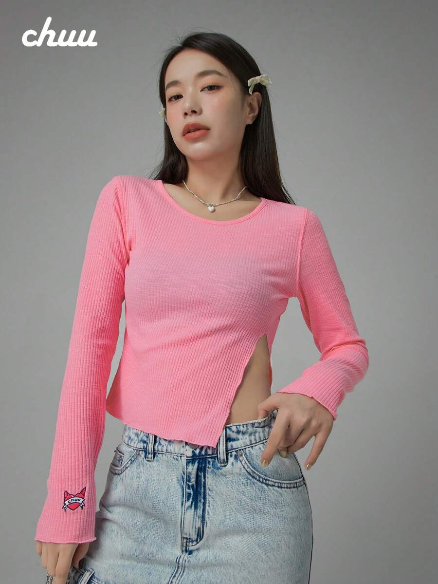 CHUU Little Fox 開衩 T-shirt 春季女款甜酷修身長袖打底短版上衣 - 粉色 - 查看 1